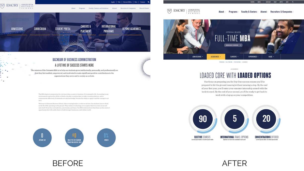 Emory homepage before and after