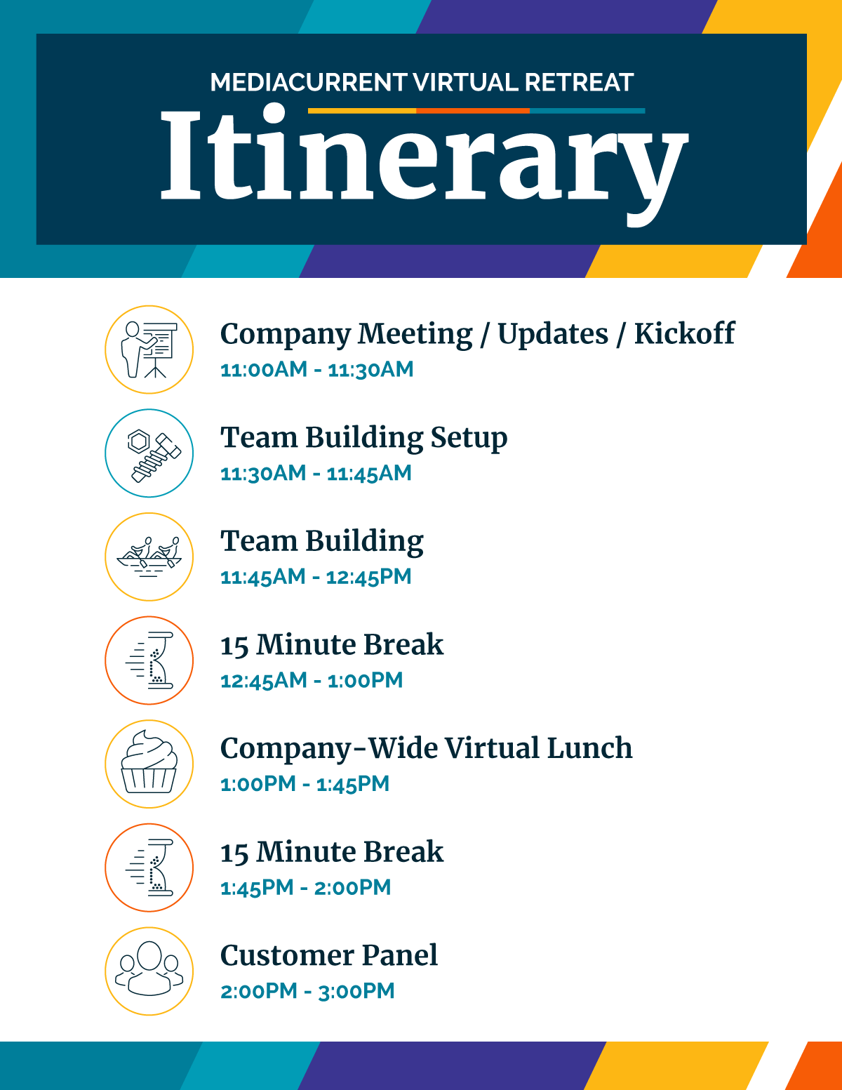 itinerary for a virtual retreat, 4 hour time block including company updates, team building activities, and a customer panel.