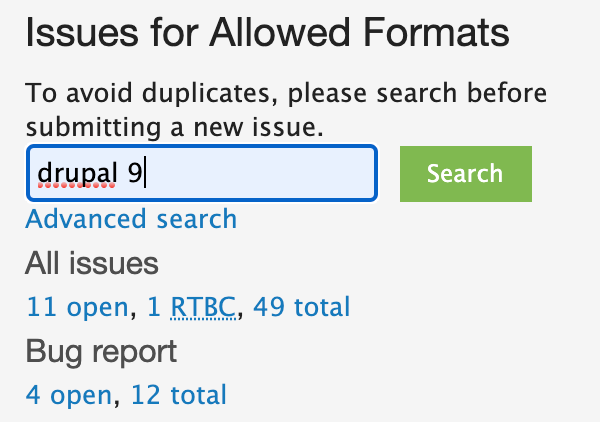 Allowed Formats module drupal 9 issue search
