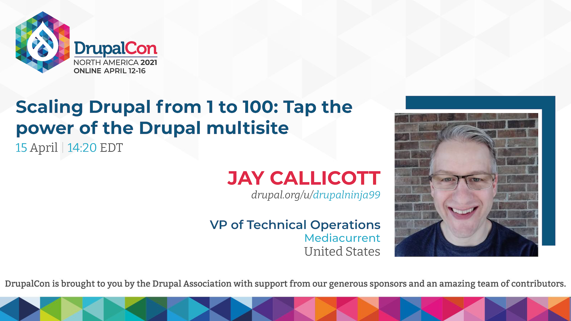 DrupalCon program speaker card with Jay's headshot