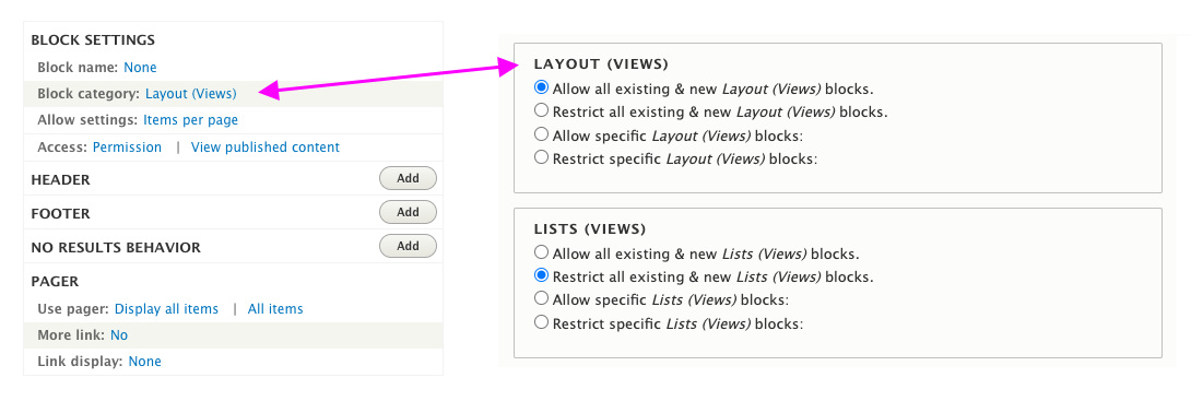 Screenshot of block settings and layout settings
