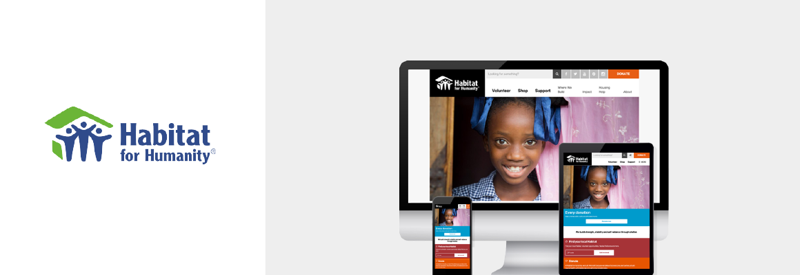 Habitat for Humanity logo and Drupal 8 website homepage on mobile, desktop screens
