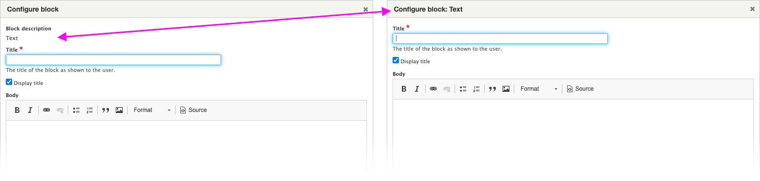 Screenshot of configure block description text window