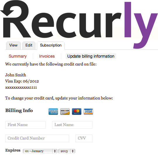 Recurly page shows option to update billing and credit card information 