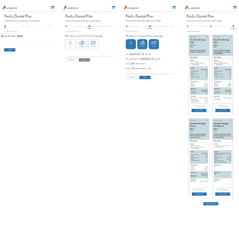 wireframe shows progression toward getting a quote
