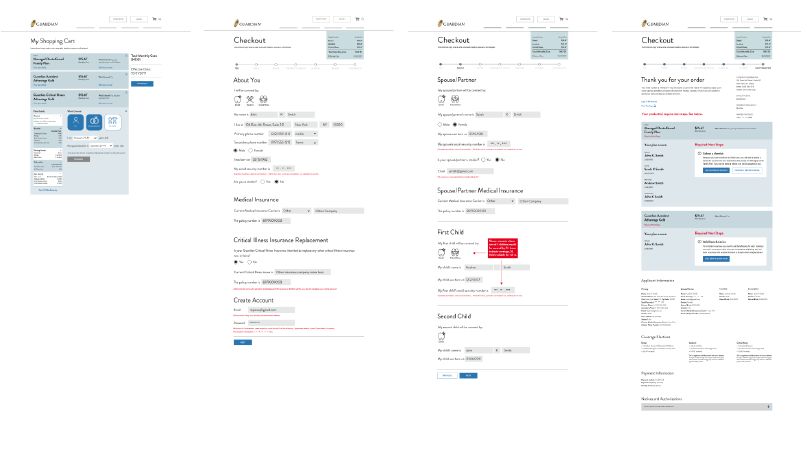 wireframes show user journey to find a price quote 
