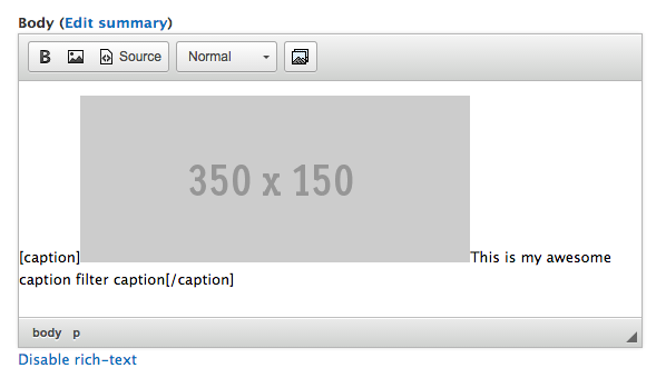 Image shows the image and caption in a wysiwyg. The raw tokens are displayed in the WYSIWYG.