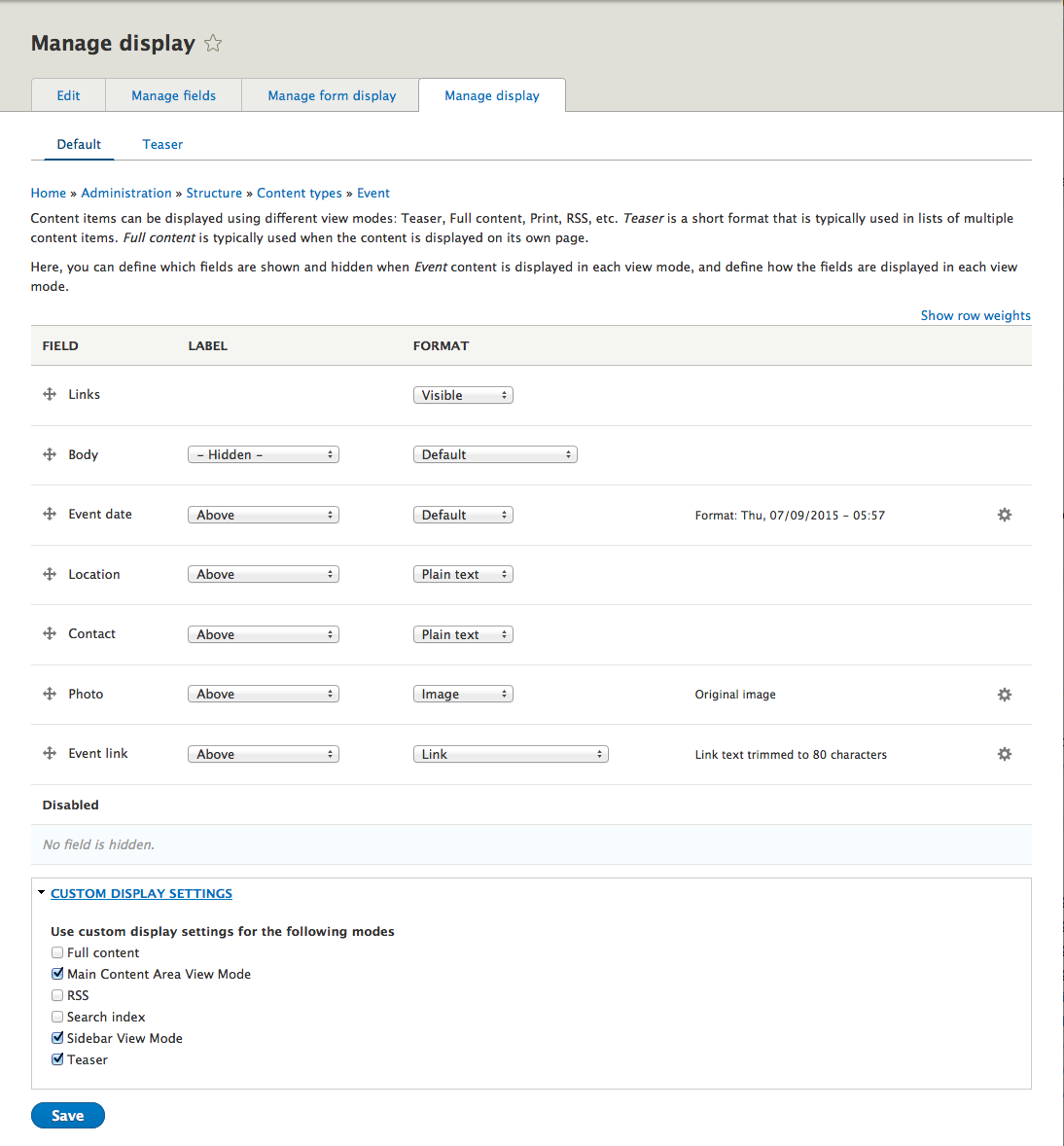 Drupal 8 Manage Display Modes