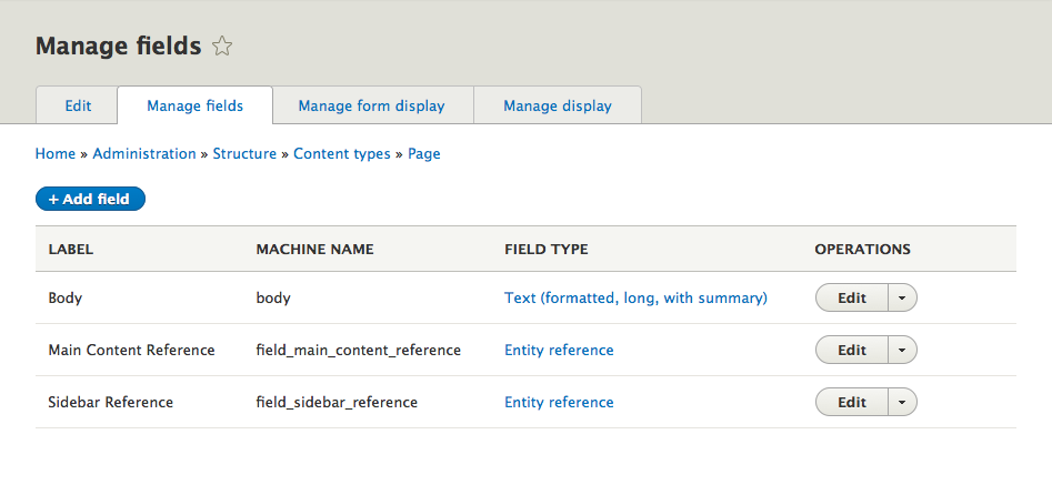 Manage Fields page