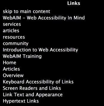 Screenshot of links that VoiceOver would read to user