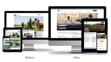 Synergos homepage before/after shown on desktop, mobile, tablet devices