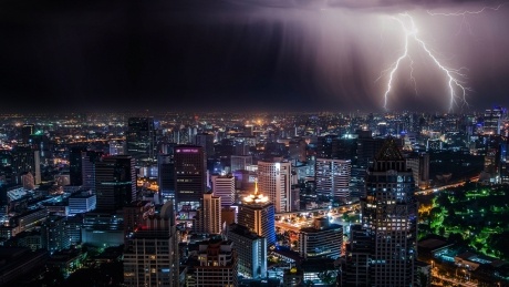 Lightening over a night city scape