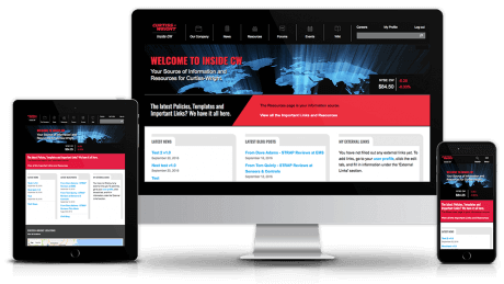 Curtiss-Wright responsive Drupal intranet homepage on mobile, tablet and desktop screens