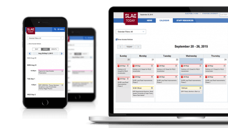 Stanford University's responsive SLAC Drupal Intranet calendar on mobile and laptop screens