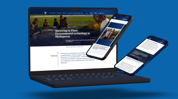 Penn State News webpages displayed on a laptop and on two mobile devices