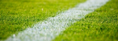 Close-up of a white line on green grass in a soccer field